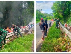 Memperkuat Kemanunggalan, Babinsa Koramil 1302-07/Tombariri dan Warga Bersihkan Sampah Trans Sulawesi